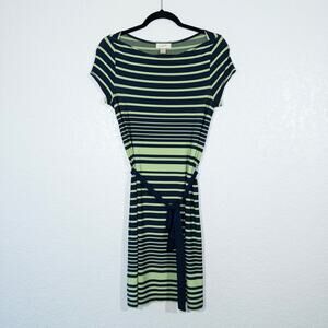 Loft Navy Blue & Green Striped‎ Waist Tie Dress Size XS